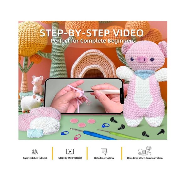 Crochet Kit for Beginners,DIY Pink Pig Crochet Kit - Picture 2 of 7